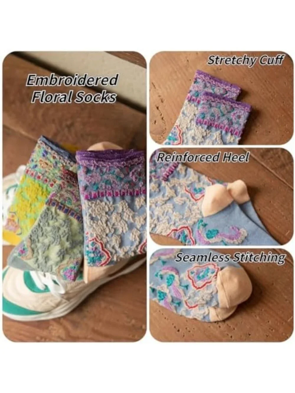 Cute Floral Cuff Vintage Crew Socks for Women | Stylish & Comfy Accessories